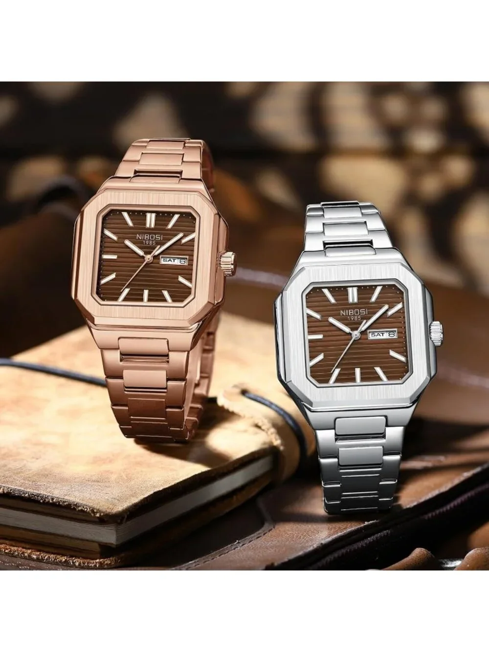 Men's Rose Brown Square Analog Quartz Stainless Steel  Waterproof Wrist Watch